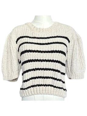 Cropped Puff Sleeve Striped Knit Sweater Cream Black Size M
